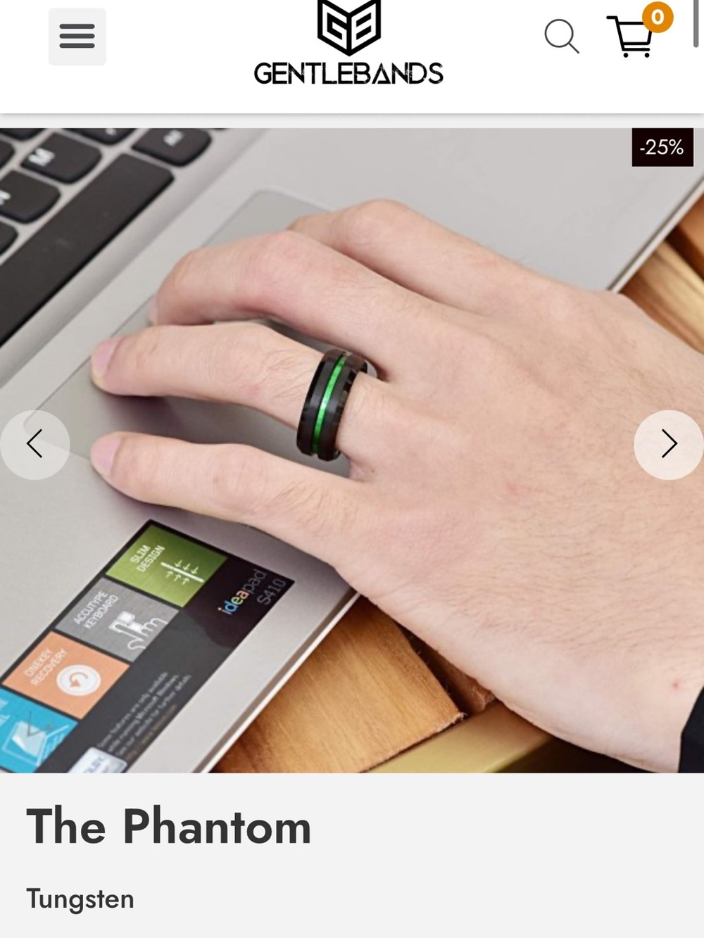 Gentlebands The Phantom Tungsten Ring with Green Inlay